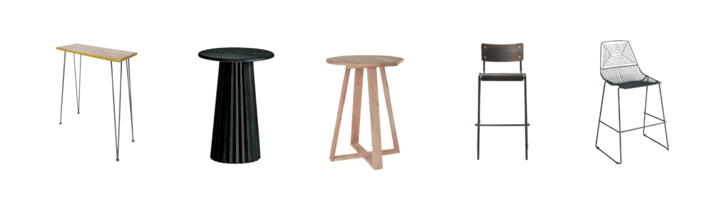 an array of five cocktail tables and bar height chairs we recommend for a wedding