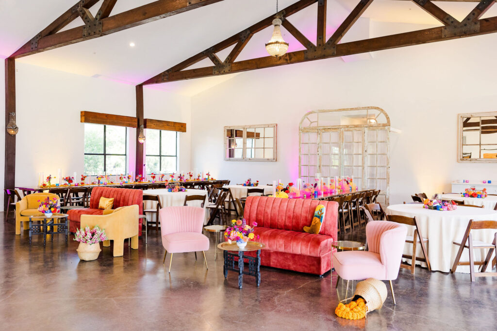 brightly colored lounges demonstrating a vivid Indian wedding color palette