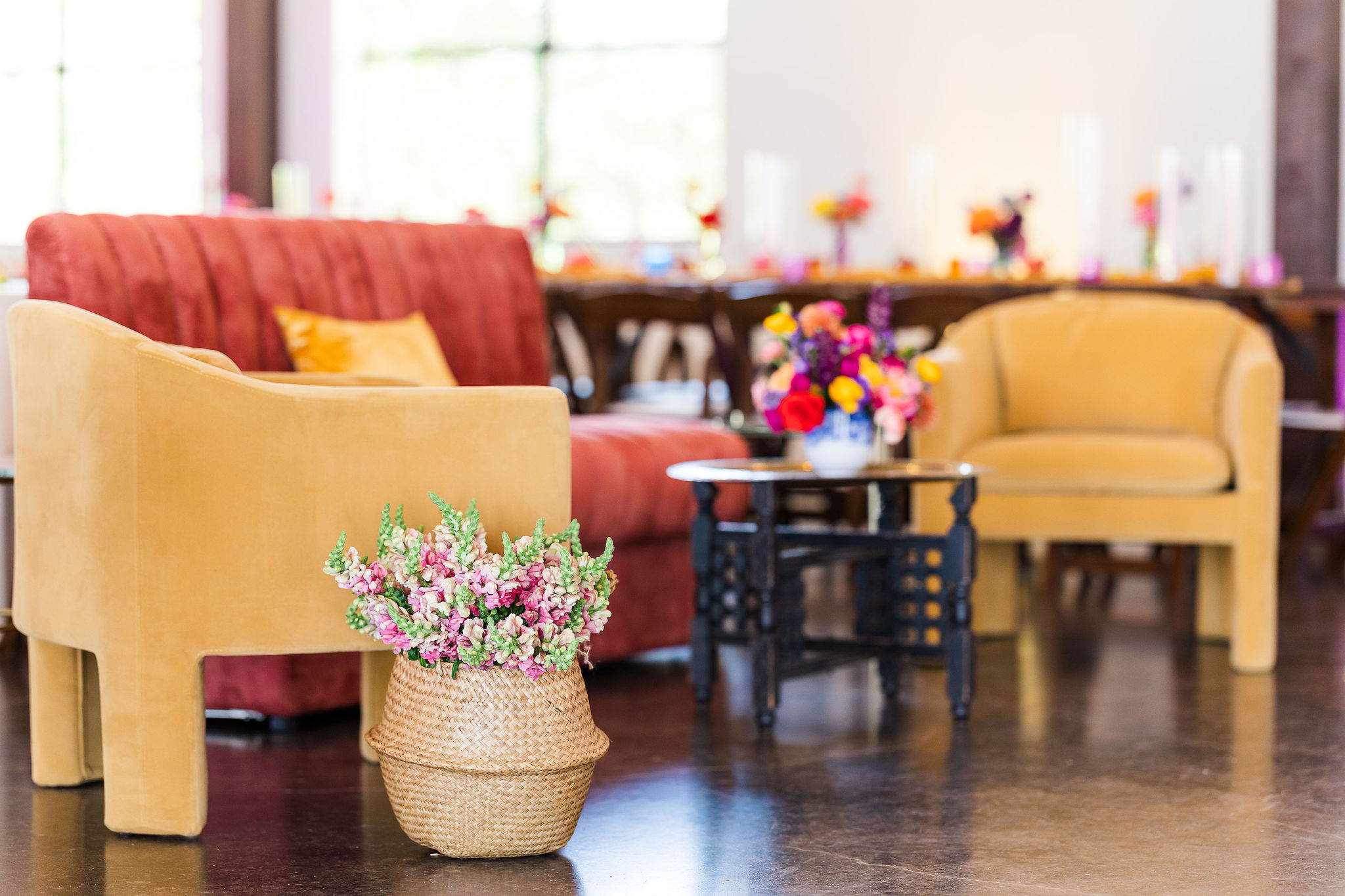 bright sunset colors used in a lounge at an Indian wedding